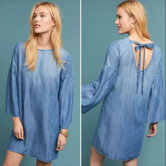 Anthropologie Cloth & Stone Bell Sleeve Tunic Dress Chambray Denim Blue 8 M Mini - Picture 1 of 6